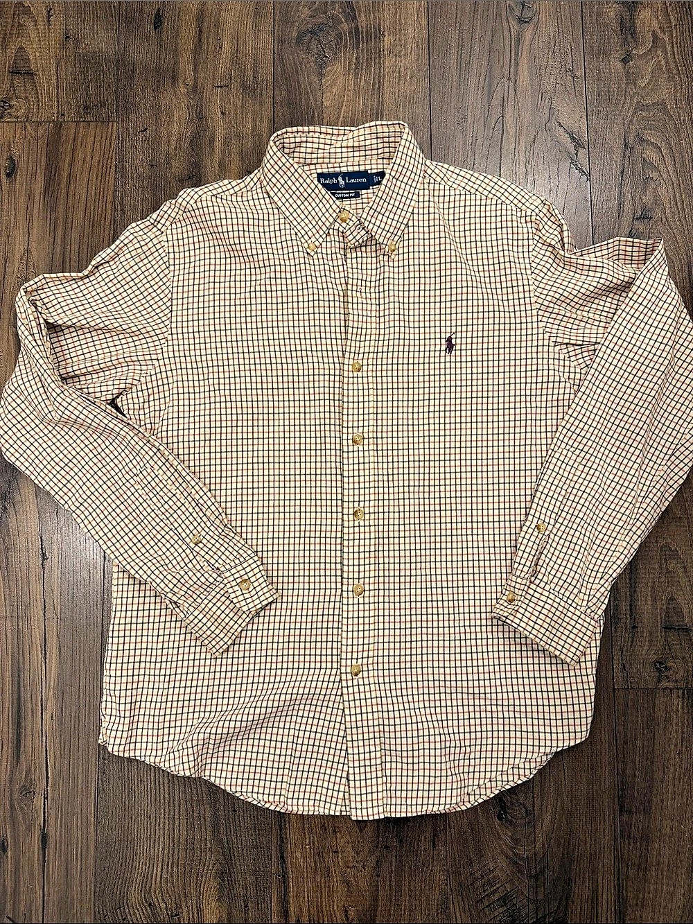 Ralph Lauren Custom Fit Plaid Button Down in Beige & Green, Purple & Red Large